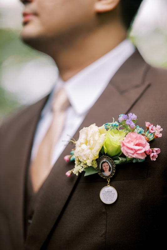 Wedding Memorial Pin with Photo & Quote | Medium Personalized Keepsake | Designs PT1–PT2