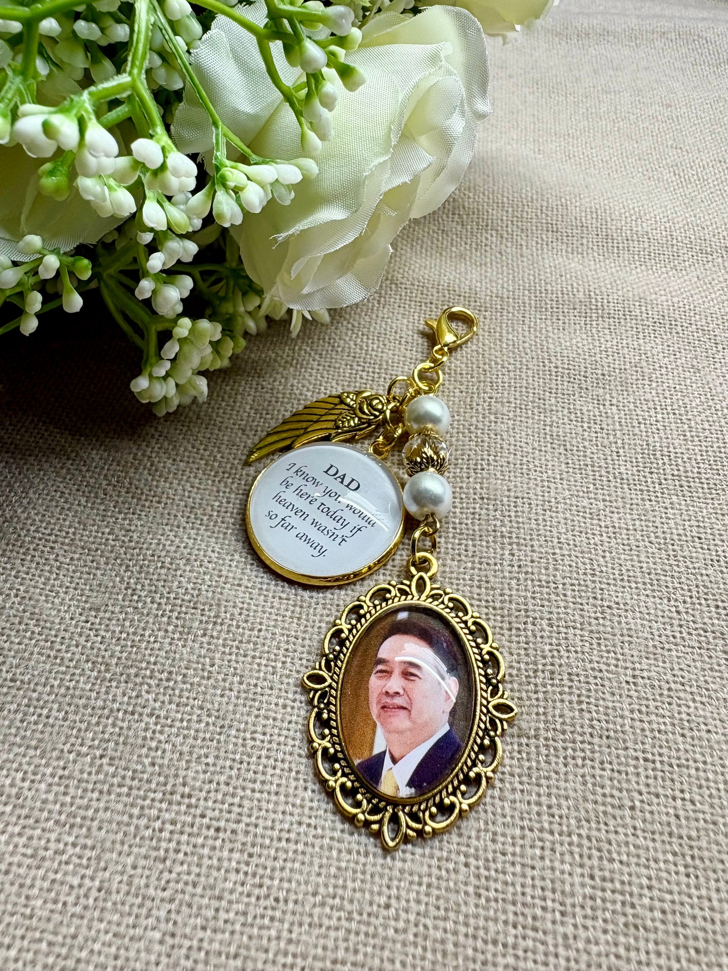 Wedding Bouquet Memorial Charm with Photo & Quote | Medium | Personalized Keepsake| Design A2-A3