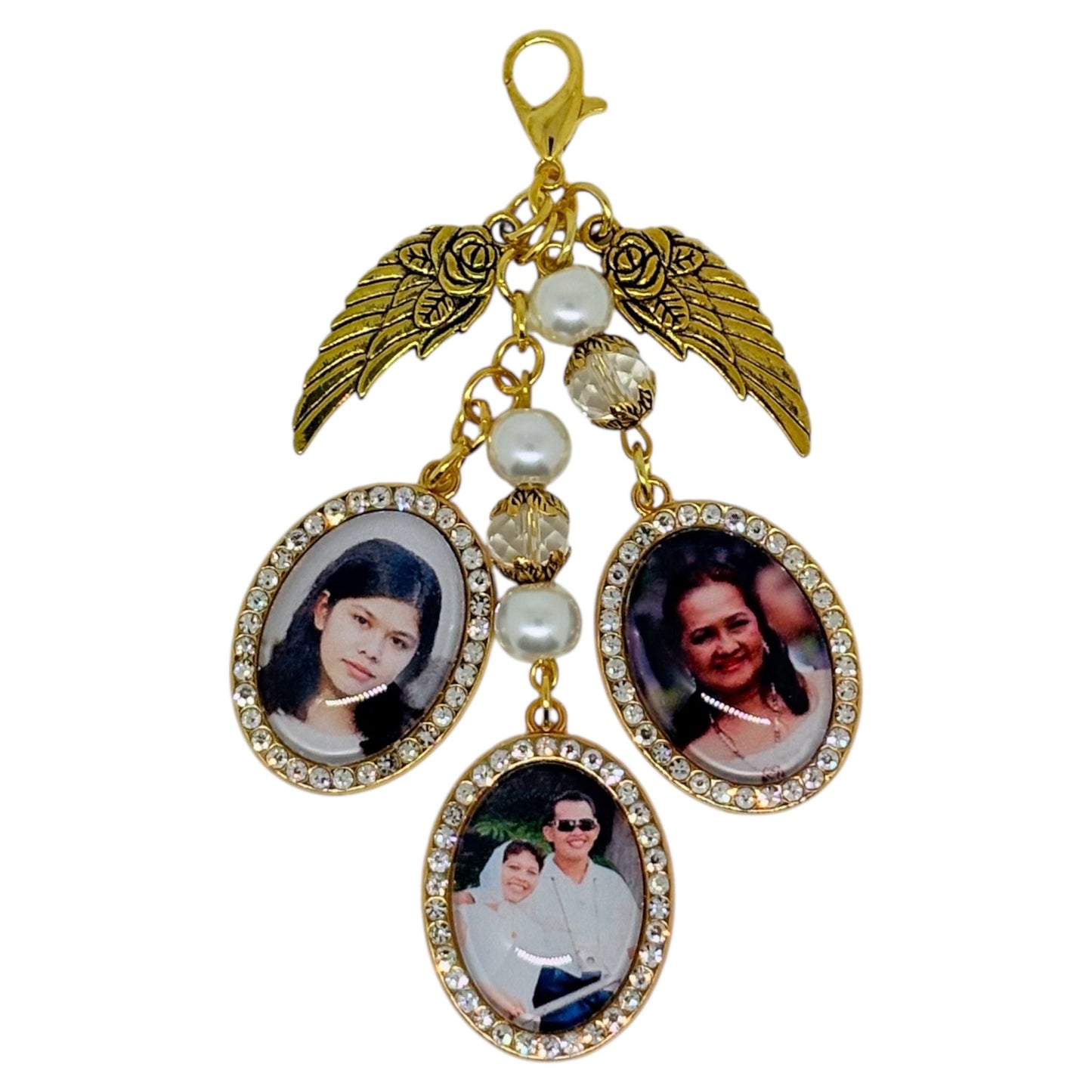 Triple Photo Rhinestone Memorial Charm with Quote (Design ER1, ER2)