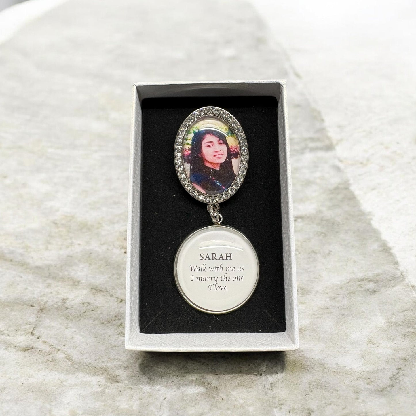 Medium Rhinestone Memorial Pin with Photo & Quote | Personalized Wedding Keepsake | Designs PT3–PT4
