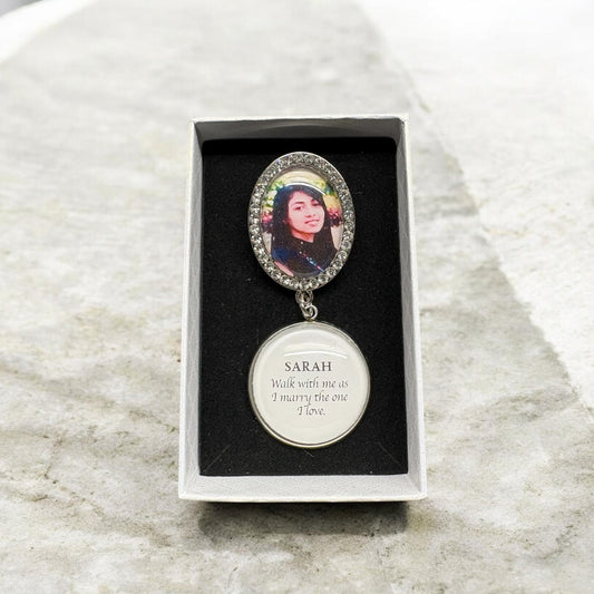 Medium Rhinestone Memorial Pin with Photo & Quote | Personalized Wedding Keepsake | Designs PT3–PT4