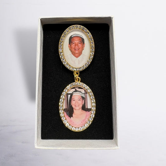 Double Oval Rhinestone Memorial Pin with Photo | Medium Personalized Keepsake | Designs DP4–DP5